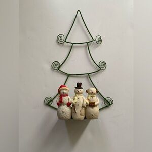 HALLMARK Christmas Tree Card Holder Photo display 3 Snowman Green Metal wire 12"